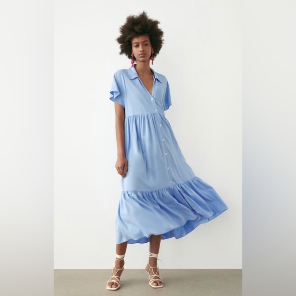NWOT ZARA TIERED MINI DRESS LIGHT BLUE, SIZE MEDIUM
